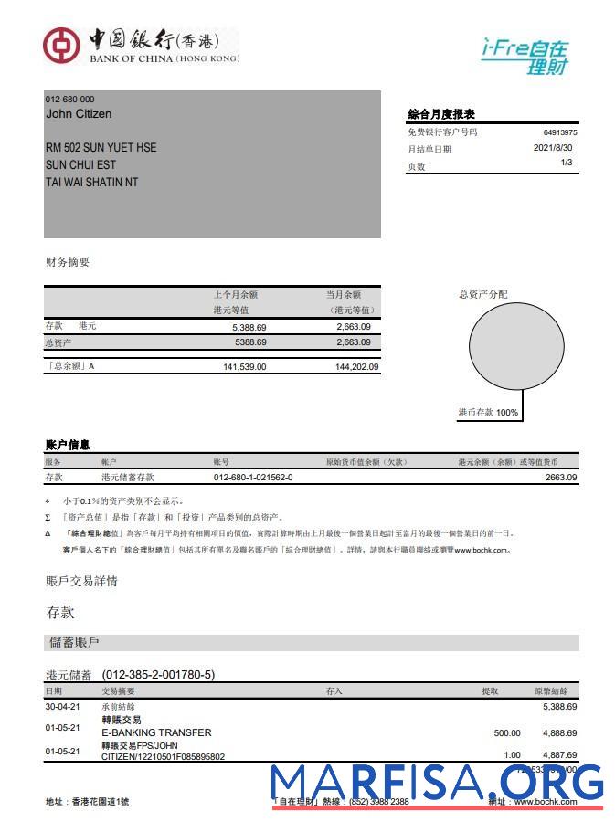 Realistic Hong Kong Bank of China (Hong Kong) bank statement excel 3 pages real example